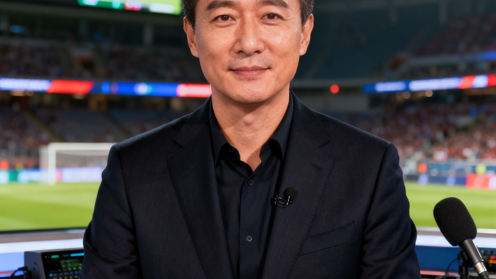 体育评论员张先生半身肖像照，身着深色西装，背景为赛事直播间